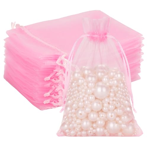 G2PLUS 25PCS Pink Drawstring Organza Bags 5x7 inches Sheer Mesh Jewelry Pouches Organza Gift Bags for Candy Jewelry Wedding Party Favors