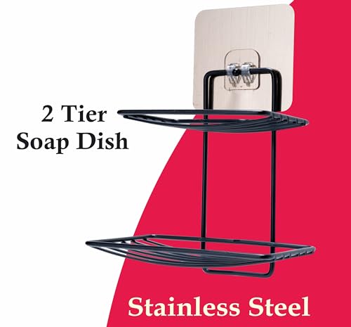 Image of Boniry Wall Mounted Double Layer soap Dish Holder Stainless Steel Wall Hanging Soap Storage Rack for Kitchen Bathroom-with Self Adhesive Magic Sticker (Black)
