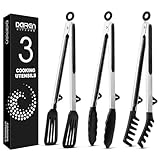 Kitchen Tongs for Cooking, 12 Inch Non Scratch Silicone Tip for Nonstick Cooking Pans, Food Grade Mini Serving Tongs, Pull Lock, Set of 3, Black