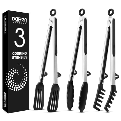 Cooking Tongs Set of 3, 12-Inch Non-Scratch Silicone Tips for Non-Stick Cookware, Food Grade Mini Serving Tongs with Pull Lock Mechanism, Black