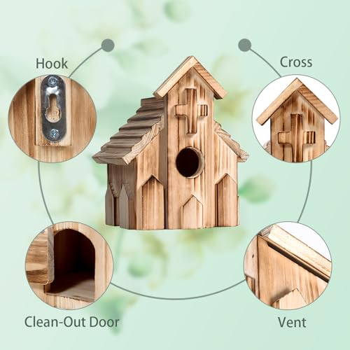 NATUREYLWL Church-Shaped Wooden Birdhouses, Cross Design Bird Houses for Outside, Hanging Birdhouse for Bluebird, Robin, Cardinal, Sparrow, and Finch, Bird Nesting Box for Outdoor Garden Decoration