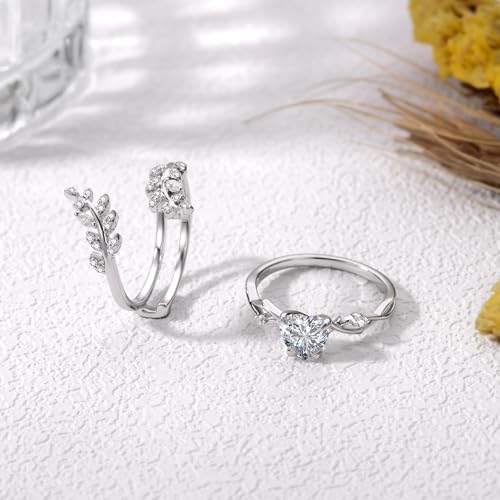 Heart Cut Moissanite Engagement Ring Set for Women, 925 Sterling Silver 1 Carat Heart Shape Leaf Wedding Ring Set Anniversary Jewelry Bridal Gifts for Women4