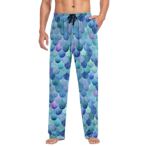 Vdsrup Men's Pajama Pants Blue Scales Pajama Pants for Men PJs Bottoms Drawstring Pockets Watercolor Sleep Lounge Pants S3