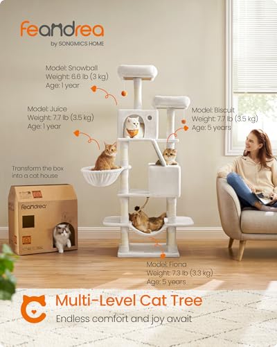 Image of Feandrea Cat Tree, 66.1-in Large Cat Tower, Multi-Level Condo, Cream White