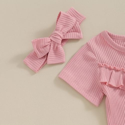 Baby Girls Outfits Summer Solid Color Short Sleeve Bodysuit Shorts with Headband Newborn Clothes Set Rib Ruffle Bodysuit2
