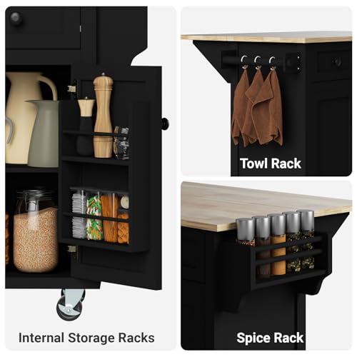 Rovibek Mobile Kitchen Island Cart with Storage, 53-inch Portable Island with Drawer, Cabinet & Shelf, Solid Wood Black