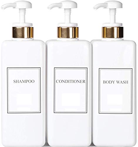 White Opaque Bottle with Gold White Head Empty Plastic Pump Bottles Square Shampoo Bottle Conditioner Soap Lotion Refillable, BPA Free for Body Wash, Moisturizer, Liquid Hand Soap, Set of 3