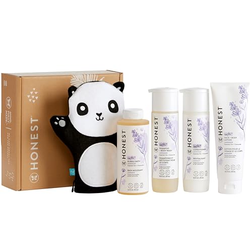 Image of The Honest Company Lavender Bathtime Essentials Bundle | Shampoo + Body Wash, Conditioner, Face + Body Lotion, Bubble Bath, Panda Bath Mitt | Naturally Derived, Tear-Free, Hypoallergenic