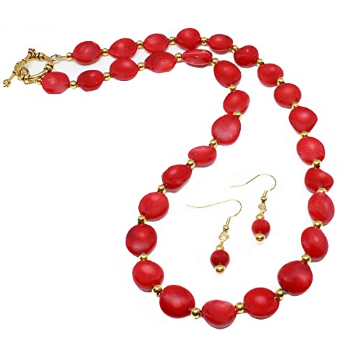 Natural Red Coral Gemstone Handmade Necklace Strand with Earrings