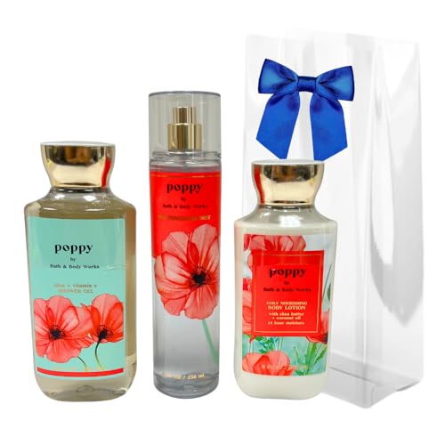 Bath & Body Works POPPY 3pc bundle - Shower Gel, Mist, Lotion Gift set with a Blue Bow for Holidays & Gifts - Full Size