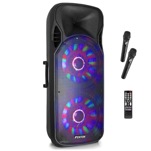 Fenton FT215LED Large Portable PA System, 1600W Dual 15" Woofers, Bluetooth, Wireless Mics, Rechargeable Battery, Built-In Light Show, Ideal for Outdoor Events & Parties