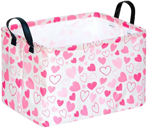 Image of MAIZMZ Girls Gift Basket Heart Print Storage Cube for Women, Closet Shelf Organizer Bins Empty Gift Basket with Handles Nursery hamper Kids Toys Books Box Room Deco