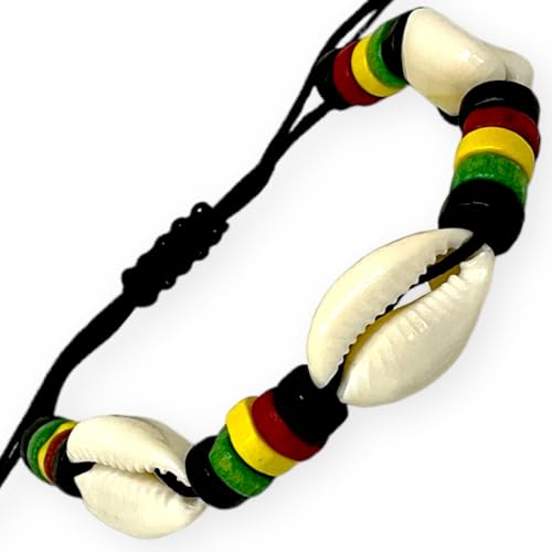 Exotic &Trendy Jewelry Rasta Shell Bracelet - Made with 3 Natural Shells and Wooden Beads - Black Hemp Cord - Rasta Bracelet