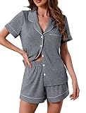 TBMPWISH Womens Button Down Pajamas Set Summer Short Sleeve Bride Soft Pj Lounge Sets Sleepwear with Pockets Dark Grey,Medium