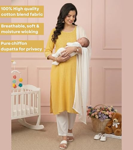 Image of DUMMY SHAPE Feeding Kurta Set for Women Cotton Blend | Floral Embroidered Pregnancy Kurta Pant Dupatta with Nursing Zippers | Pre & Post Partum | Maternity Dresses | Mom to Be Gifts