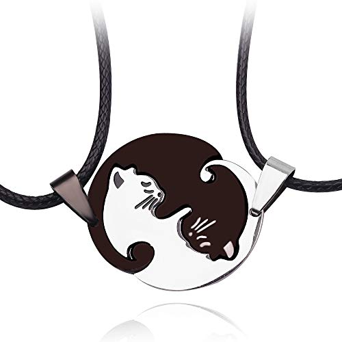 Cat Yin Yang Necklace 2pcs Cat Stainless Steel Puzzle pendant BFF Leather Cord Necklaces Jewelry Gifts For lovers Couples (Black Sliver Round)
