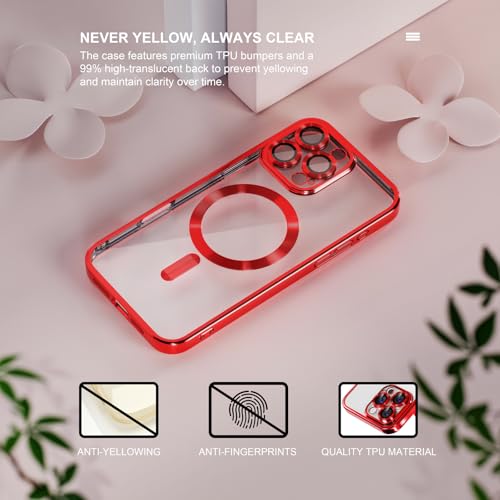 Image of Misea Magnetic for iPhone 16 Pro Case Compatible with MagSafe Red | [Never Yellowing] [Military Drop Protection] Full Camera Lens Protector Plating Soft Clear Phone Case for Women, Red