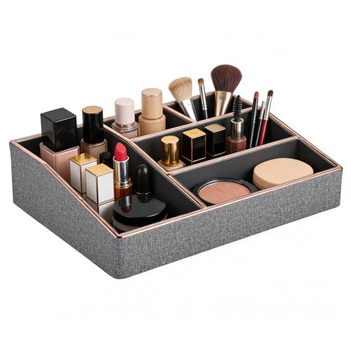 Image of PU Leather Makeup Organizer Tray,Large Vanity Organizer,Cosmetic Storage Box for Lipstick Brushes Skincare Perfume,Cosmetic Display Case Rose Gold-trimmed for Dresser,Bathroom Countertop(Grey)