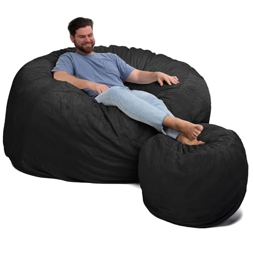 Image of ULTIMATE SACK | 6 Ft Bean Bag Chair &Foot Stool | Charcoal Fur | Foam Filled - Removable Washable Cover