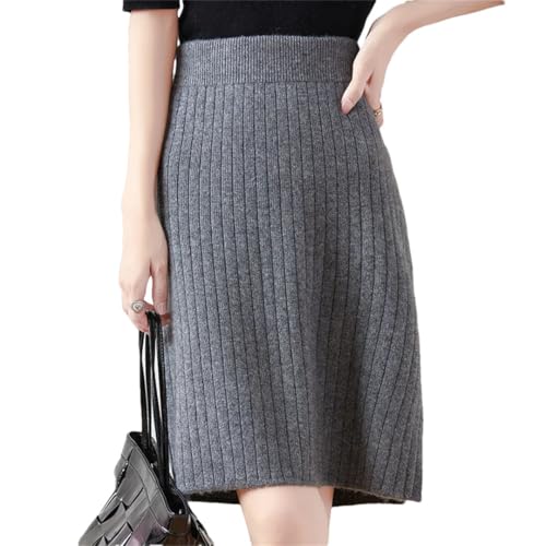 Women's Fall/Winter Knitted Skirt 100% Merino Wool Mid-Length Loose Straight Skirt Gray M