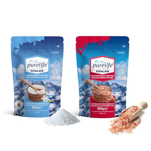 Purelife Iodized White & Pink Himalayan Salt - Kosher Certified, Unrefined Fine & Coarse Gourmet Rock Salt with Minerals for Cooking & Grinders - 1.1 lbs