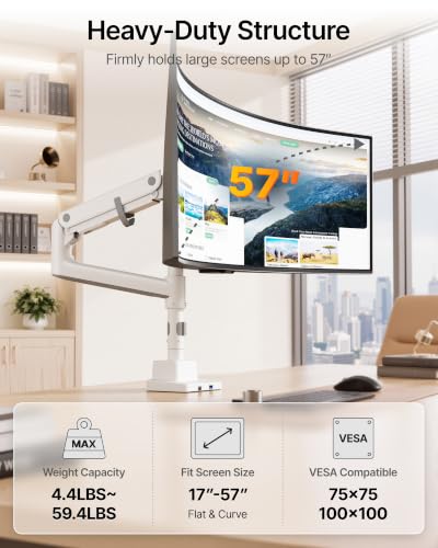 Image of monTEK Ultrawide Monitor Arm Max 57 inch,Height Adjustable 25.5 inch,with USB，White
