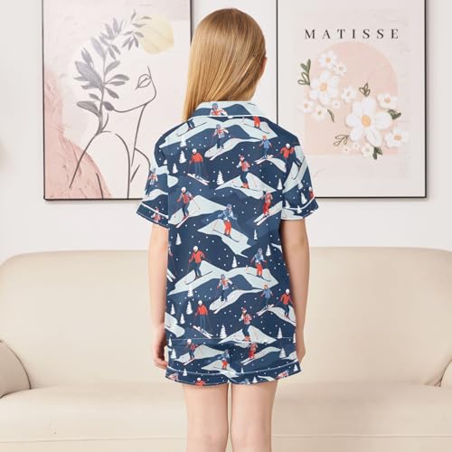 ALAZA Skiers Pine Tree Snow Satin Pajamas Set Short Sleeve Button Down Sleepwear Summer Pjs 2 Piece4