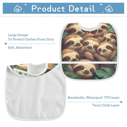 MCHIVER Sloth Tropical Green Baby Bibs for tag1 Waterproof Feeding Bib Apron with Food Cather Adjustable Cotton Food Eating Bib 2 Pack3