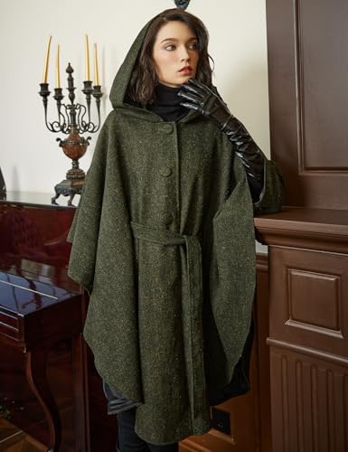 BEAUTELICATE Women Tweed Hooded Belted Cloak Buttons Closure Sleeveless Satin Lining Wool Poncho4