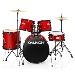 Gammon Percussion Full Size Complete Adult 5-Piece Drum Set with Cymbals, Stands, Stool, and Sticks – Red