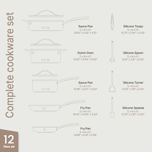 Bakken 12-Piece Aluminum Cookware Set with Ceramic Nonstick Coating, PTFE & PFAS Free, All Stovetop Safe Up To 500°F, Pots and Pans Set with Lids, Silicone Utensils Included, Dishwasher Safe, Cream - Image 3