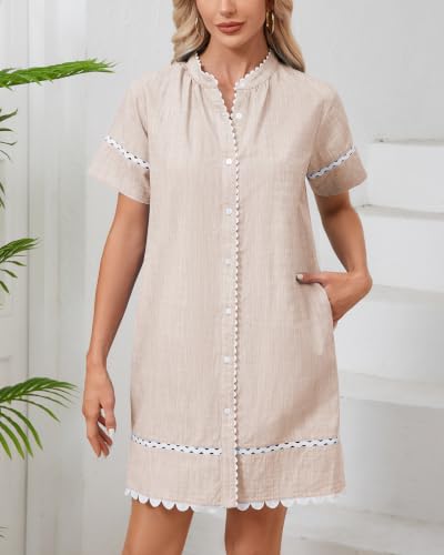 Image of Women's Summer Shirt Dress Short Sleeve Button Down Mini Tie Waist Belted Tunic with Pockets RIC Rac Trim