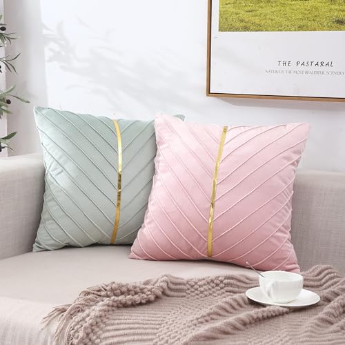 Image of Velvet Throw Pillow Covers 22x22 Pack of 2 Gold Decor Mint Green
