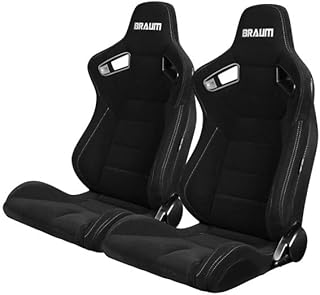 BRAUM Elite Series Racing Seats – Black Jacquard Fabric with Grey Stitching – Reclining Seat Set with Carbon Fiber Backing – Set of 2 (BRR1-BFGS)