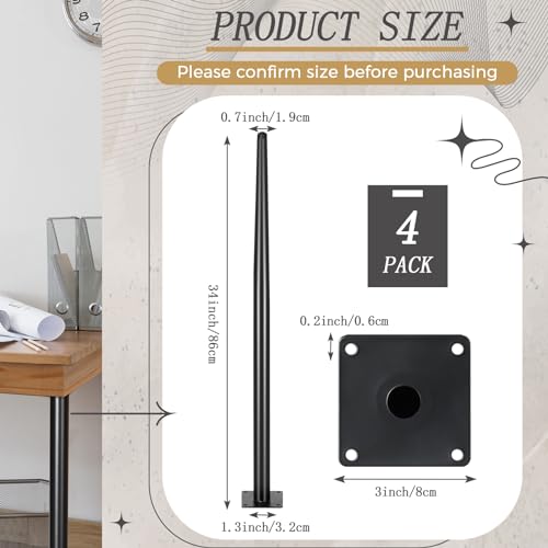 DoubleFill 4 Pack 34 Inch Metal Table Legs Round Tapered Furniture Legs Heavy Duty Replacement Chair Feet with Mounting Screws and Plastic Mats for Sofa Coffee Table Desk Bar DIY Projects, Black - Thumbnail 3