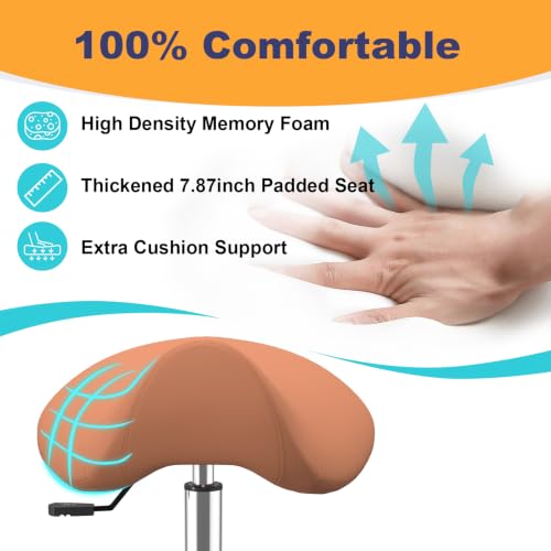 Image of Saddle Stool, Adjustable Ergonomic PU Leather Rolling Drafting Chair, Brown | 360 Swivel wheels, Height adjustable, Multi-use for Salon, Lab, Tattoo, Massage & Clinic