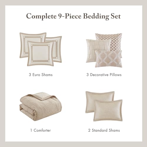 Image of Madison Park Signature King Luxury Jacquard Comforter Set, Removable Duvet Cover with Insert, Oversized Overfilled Bedding, Hand-Guided Embroidered Texture Accents, Geometric Ivory, 9-Piece