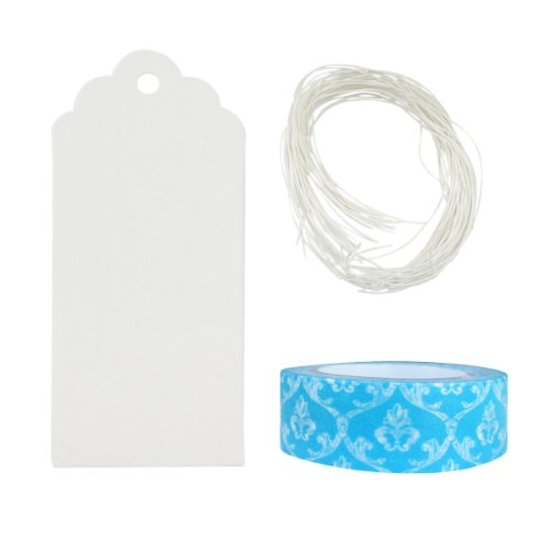 Wrapables 50 White Scallop Gift Tags/Kraft Hang Tags with Free Cut String & 1 Blue Crest Washi Roll for Gifts, Crafts, & Price Tags