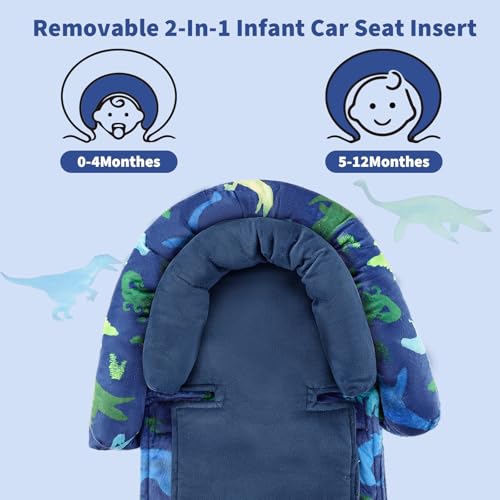 Image of TANOFAR Baby Car Seat Head Support with Extra Headrest, 2-in-1 Baby Body Supports with Shoulder Pads Set for Newborn, Adjustable Infant Car Seat Insert Compatible with Stroller, Swing (Blue Dinosaur)