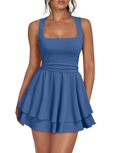 Trendy Queen Womens Mini Graduation 2025 Summer Spring Party Sexy Going Out Club Date Night Square Neck Flowy Sun Sundress Ruched Birthday HOCO Teens Homecoming Short Dress Blue