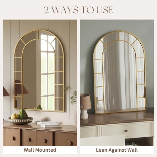 Image of Window Arched Wall Mirror Decor - Farmhouse Gold Arch Mirror for Wall Decor Living Room,Window Pane Frame for Fireplace,Hallway,Dining Room,Entryway, Bedroom,Large 36 inchX24 inch Metal Frame