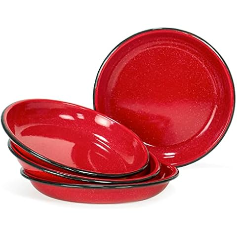 Red Co. Set of 4 Enamelware Metal 10” Round Camping Plates, White-Speckled Red/Black Rim Cover