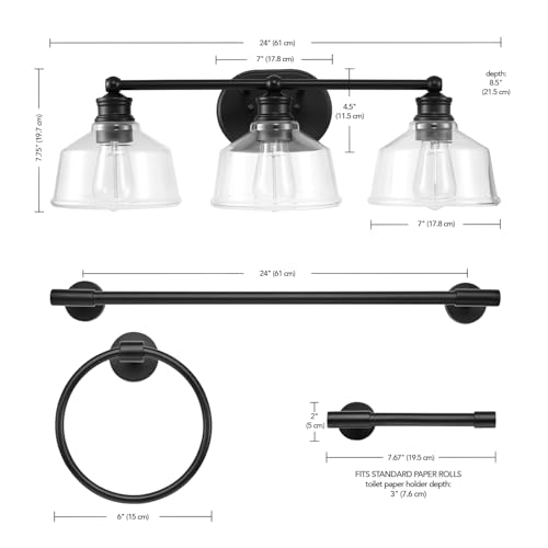 Image of Globe Electric 4-Piece All-in-One Bathroom Set, Matte Black, 3-Light Vanity Light with Clear Glass Shades, Towel Bar, Toilet Paper Holder, Towel Ring