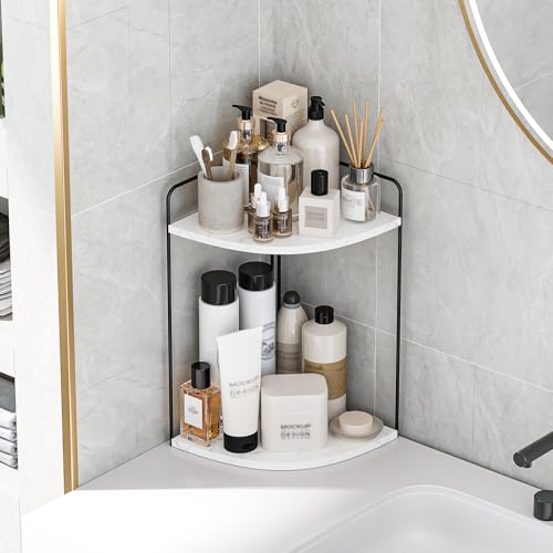 Image of Forest Angle Bathroom Counter Organizer,Countertop Organizer,Vanity Organizers,Bathroom Storage,Bathroom Sink Caddy,Counter Shelf,Corner Counter,Corner Shelves(Black-White Marble)