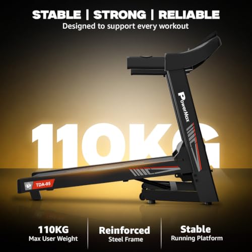 Image of PowerMax Fitness TDA-95 4HP DC Motorized Treadmill For Home Use, 15-Level Auto Incline | 1.0-14 km /h Speed | Running Surface 1100 x 400mm | LED Display | Shock Absorption System | iPad & Mobile Holder