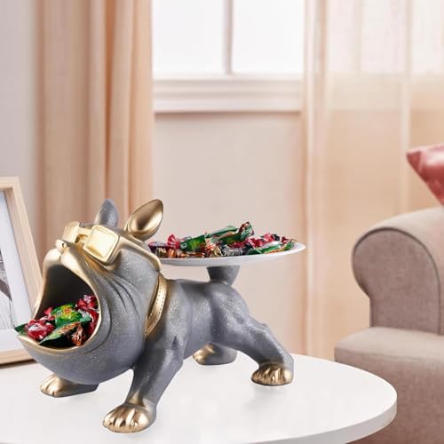 Image of Cool Bulldog Key Bowl & Accessory Tray - Matte Black & Gold Resin Dog Sculpture Multifunctional Organizer Showpiece for Keys Watches & Candy (Grey with Sprinkles, Dog with Tail Plate)