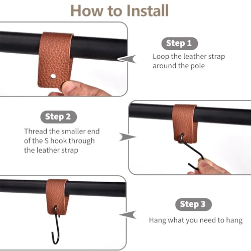 VARKAGE S Haken Schwarz mit Lederschlaufe, 6 Stück Haken Garderobenhaken Kleiderhaken Metallhaken, Mehrzweckhaken mit Lederschlaufe Campinghaken für Garderobe Kleiderstange Stange Küche Badezimmer