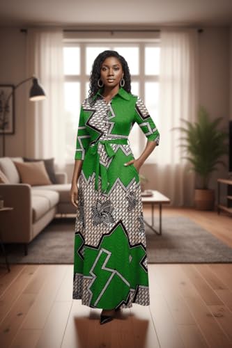 Image of Runwind Women Church Maxi Dresses 3 /4 Sleeve Button Down Print Casual Office Dress African