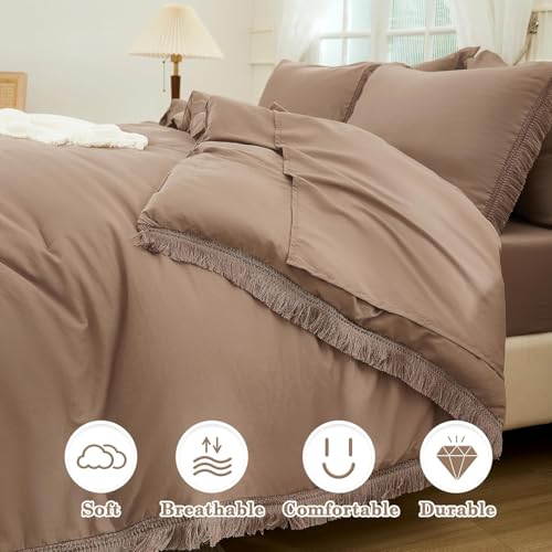 Image of Andency Oversized King Comforter Set with Sheets 128x120 Taupe - 7 Pieces Bed in a Bag Boho Soft Lightweight Bedding Sets, Tassel Bed Set with Comforter, Sheets, Pillowcases & Shams