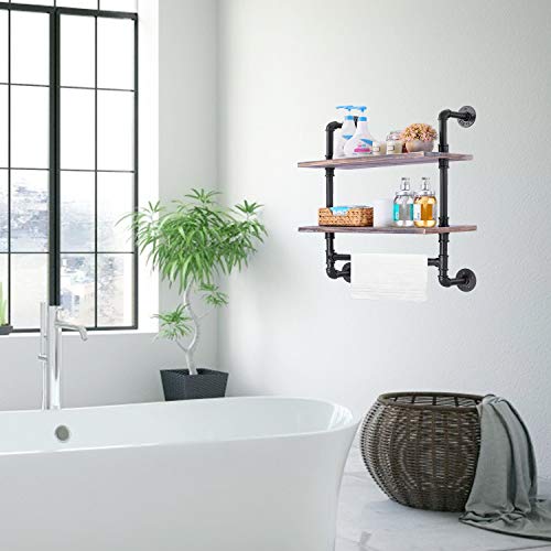Elibbren Industrial Pipe Shelf, Rustic Wall Mounted Shelving with Towel Bar Rack for Bathroom, 2-Layer Wood Bookshelf, Pipe Shelving for Kitchen(Wooden Board contained)